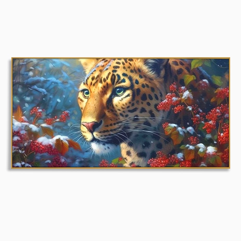 Tablou canvas cu tablou canvas cu jaguar in zapada, in rama de aluminiu auriu
